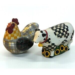 Vtg Sakura Debbie Mumm Woodland Salt & Pepper Set Hand Painted Cow Country Core